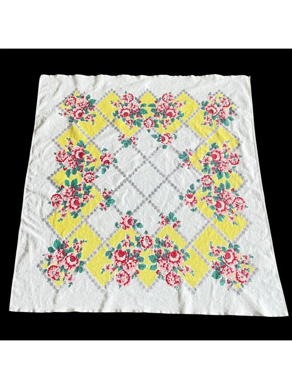 Vintage Cotton Floral Tablecloth 49x47 Square // Yellow Pink Green // Startex
